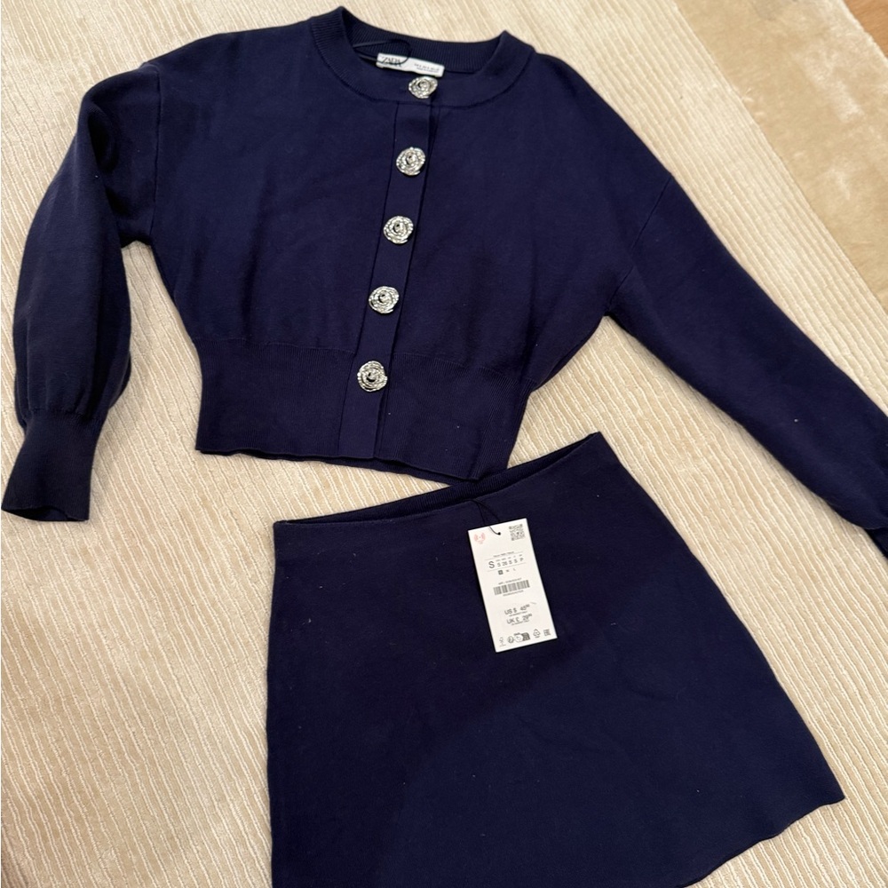 New Zara Navy Blue Button-Up Sweater and Skirt Set